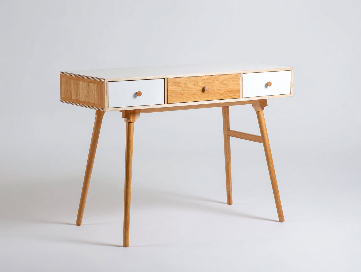 Mesas de oficina madera y MDF 120x55x78 cm - Blanco-Madera natural - 3 cajones