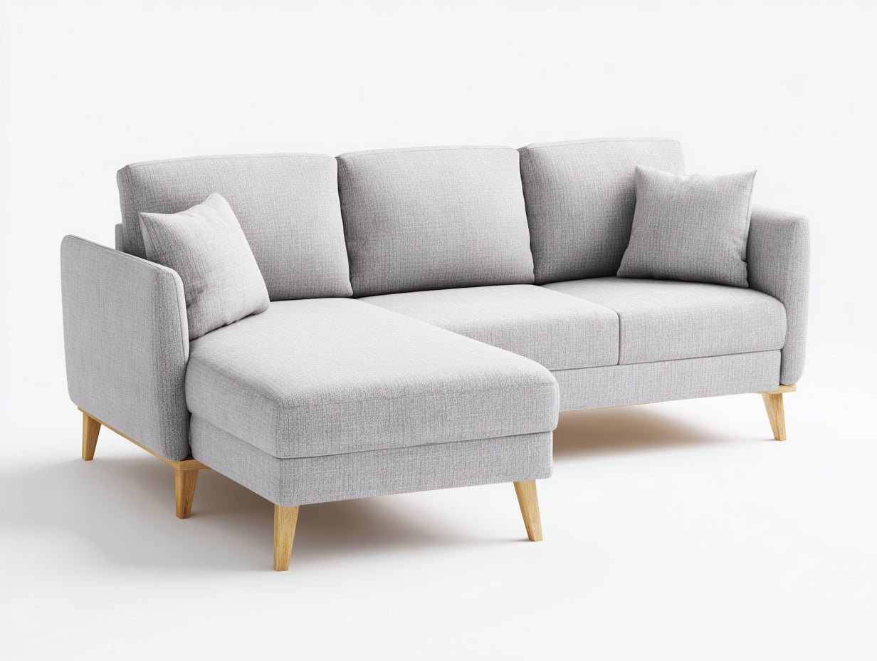 Sofás de esquina en L tapizados en tejido texturizado 248x160x86 cm gris claro para salón diseño nórdico