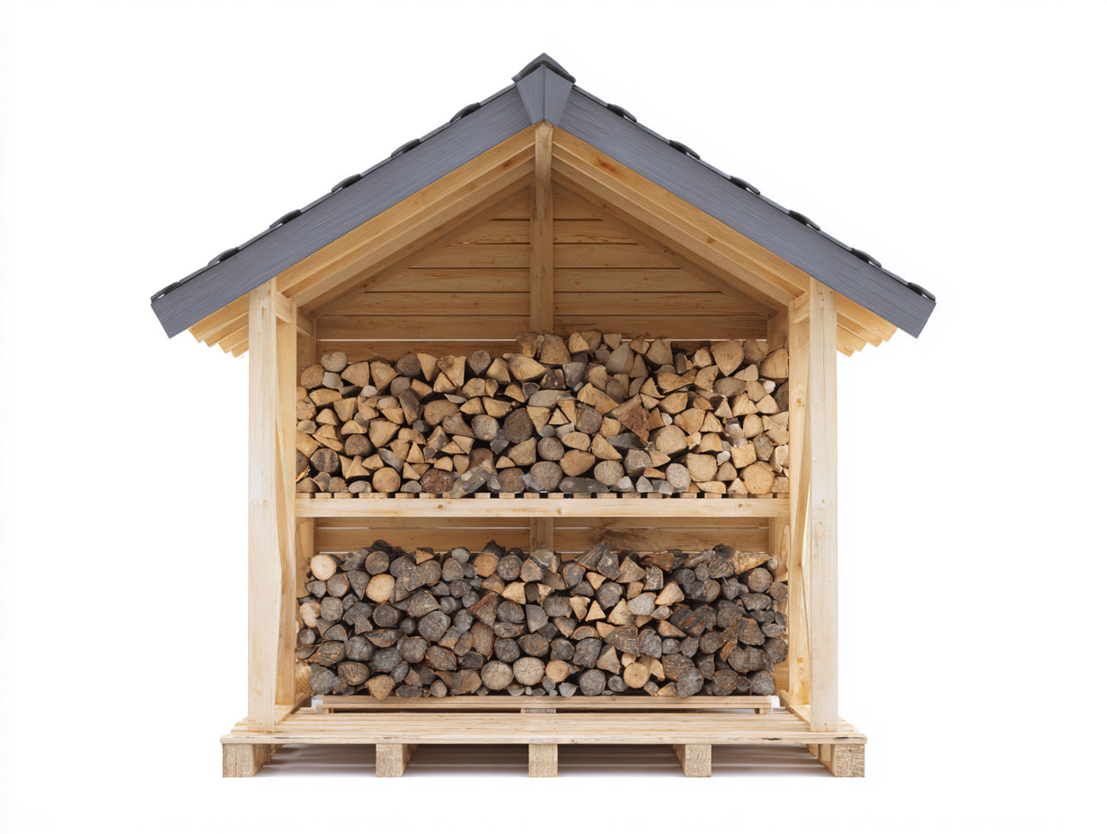 Leñero de exterior de madera 210x90x190 cm - madera natural y gris - 2 niveles con tejado a dos aguas