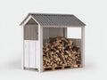 Leñero de exterior de madera 220x95x170 cm - blanco y gris - tejado inclinado abierto