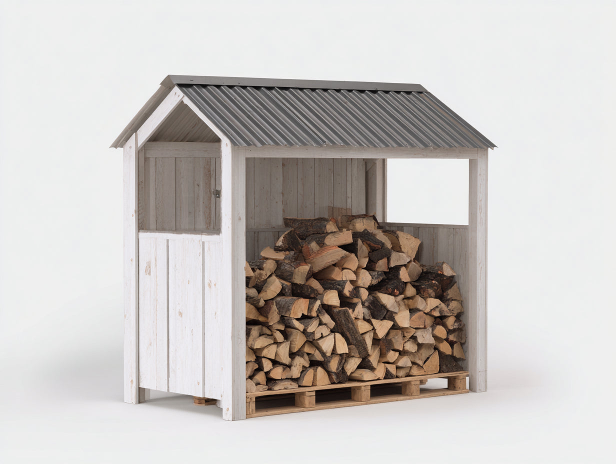 Leñero de exterior de madera 220x95x170 cm - blanco y gris - tejado inclinado abierto