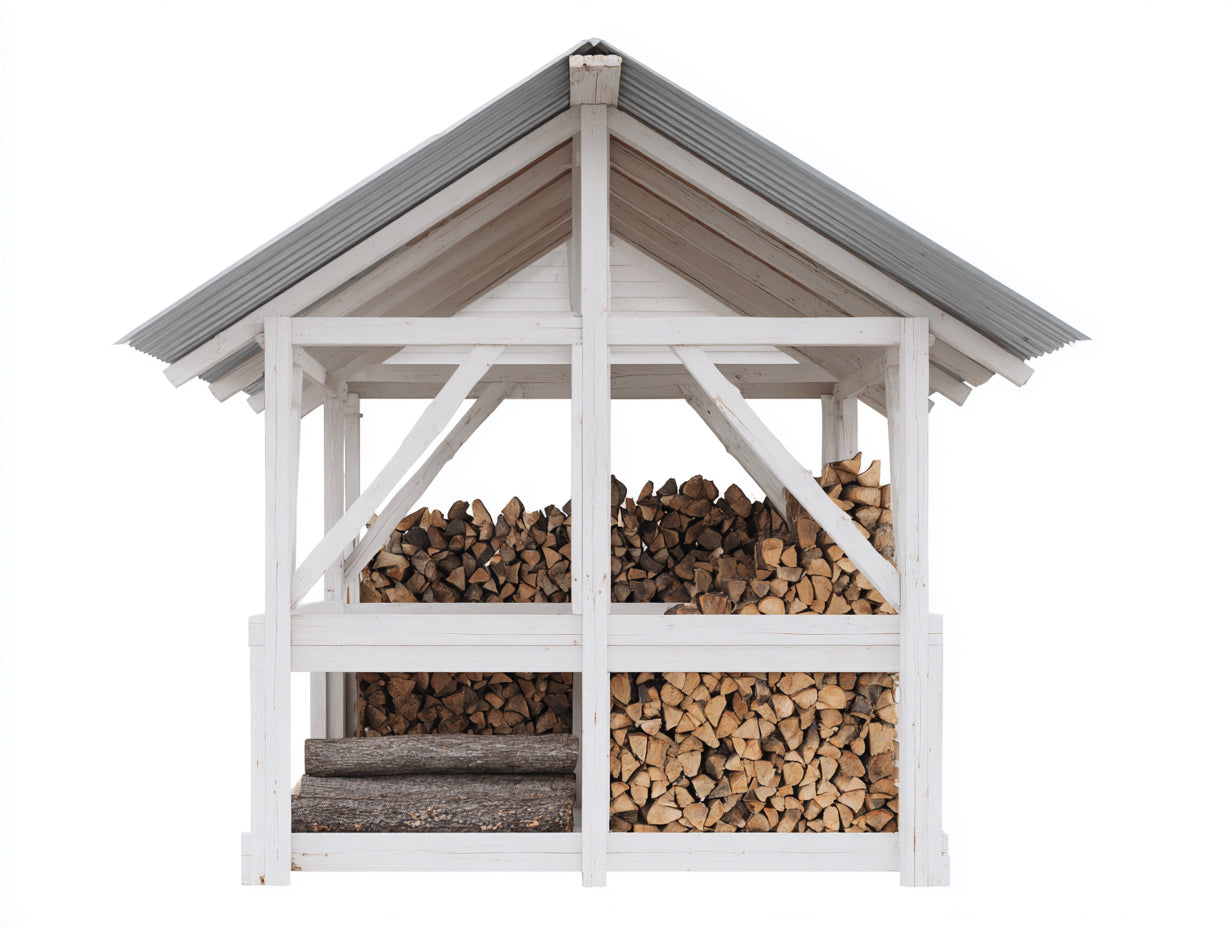 Leñero de exterior de madera 220 x 90 x 210 cm - blanco y gris - cubierta a dos aguas