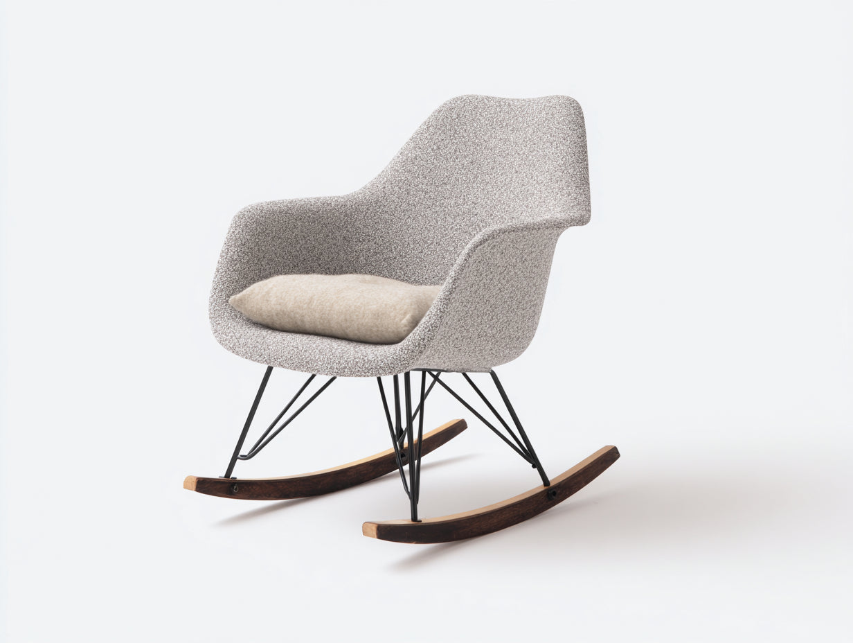 Mecedoras tapizada en tela bouclé 72x86x86 cm gris claro para salón con base metálica y balancines de madera estilo moderno