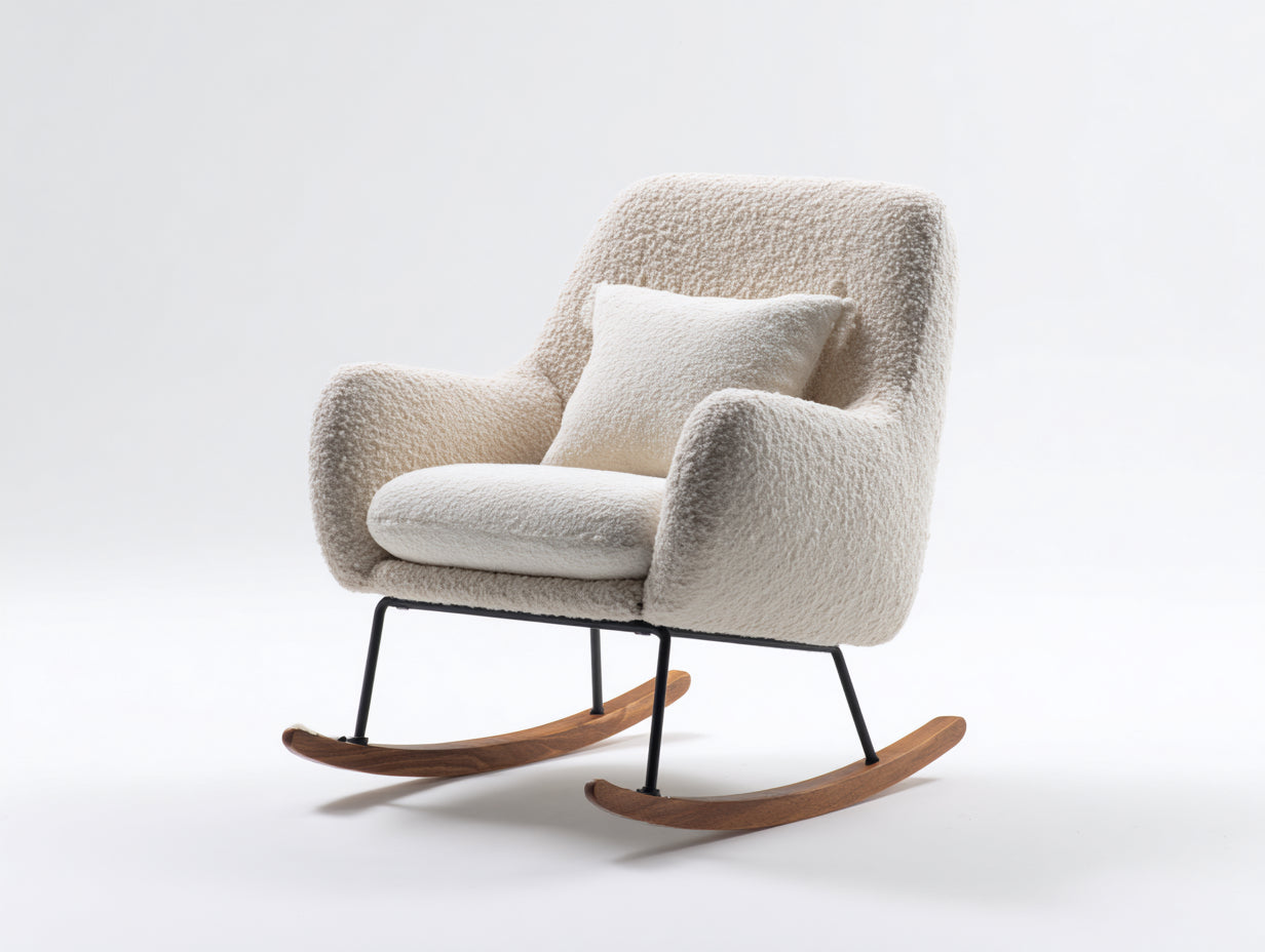 Mecedoras tapizada en tela bouclé 78x88x92 cm beige para salón con base metálica y balancines de madera estilo moderno