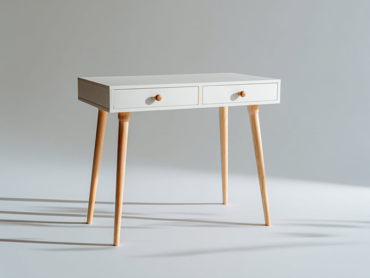 Mesas de oficina de madera 110x50x78 cm - blanco y madera natural - 2 cajones estilo nórdico