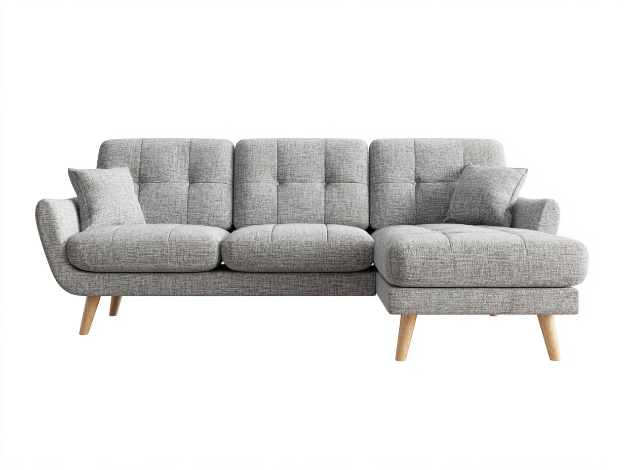 Sofás de esquina tapizados en tela 250x160x85 cm gris claro para salón con patas de madera estilo nórdico