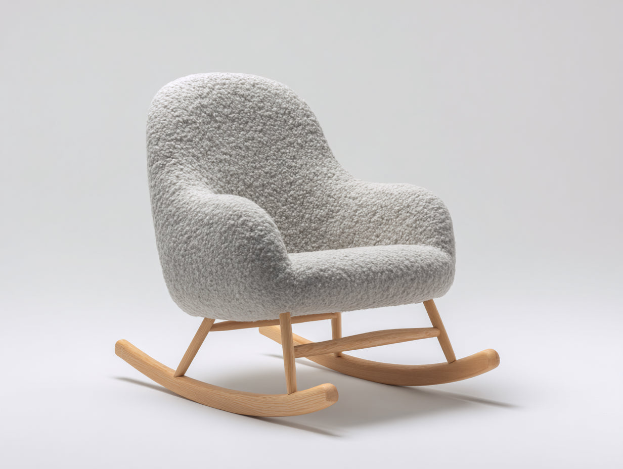Mecedoras tapizadas en tejido efecto borreguito 80 x 85 x 89 cm - gris claro y madera natural - base curva de madera