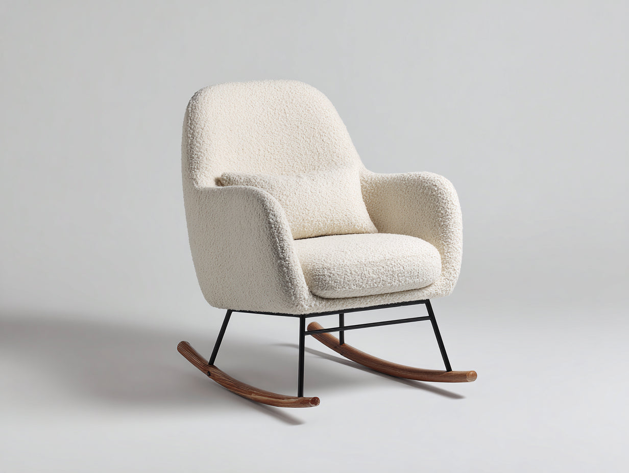 Mecedoras tapizadas en bouclé 90x72x92 cm - crema-negro-natural - base de balancín