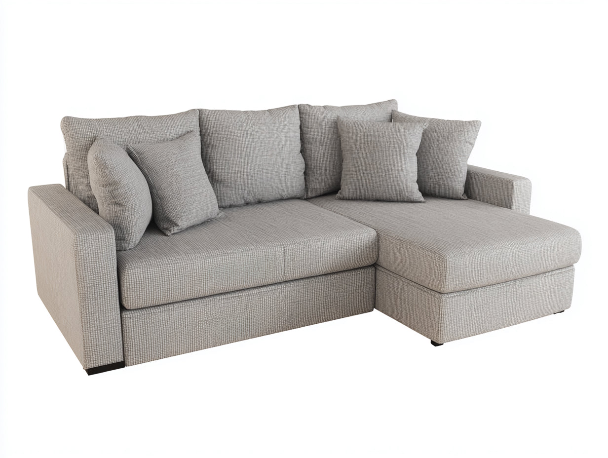 Sofás de esquina en L tapizados en tejido texturizado 245x165x88 cm gris claro para salón diseño moderno