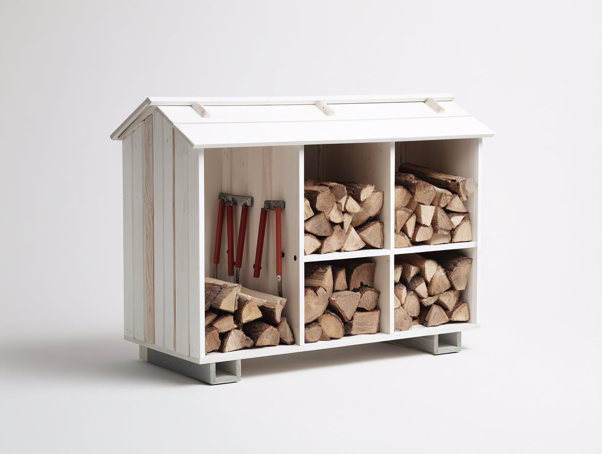 Leñero de exterior de madera 160x55x115 cm - blanco - 5 compartimentos con tejado inclinado