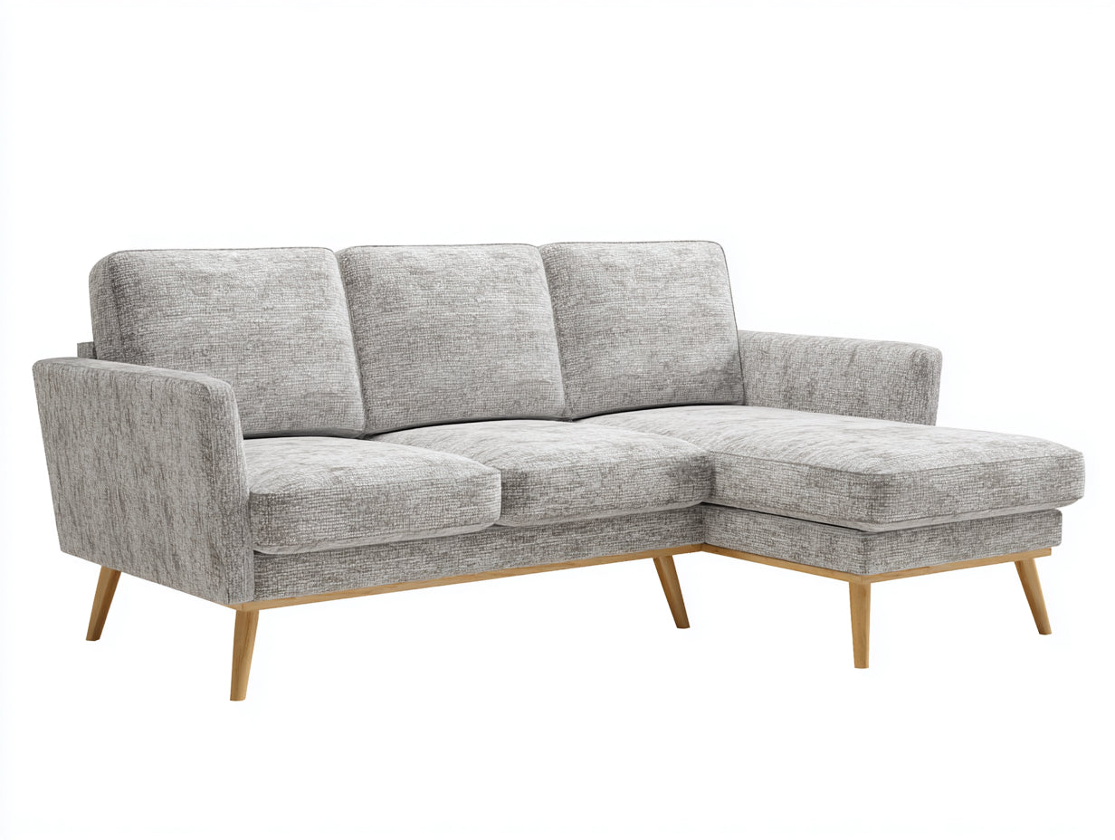 Sofás de esquina tapizados en tela 245 x 155 x 86 cm - gris claro y madera natural - diseño compacto con asiento prolongado