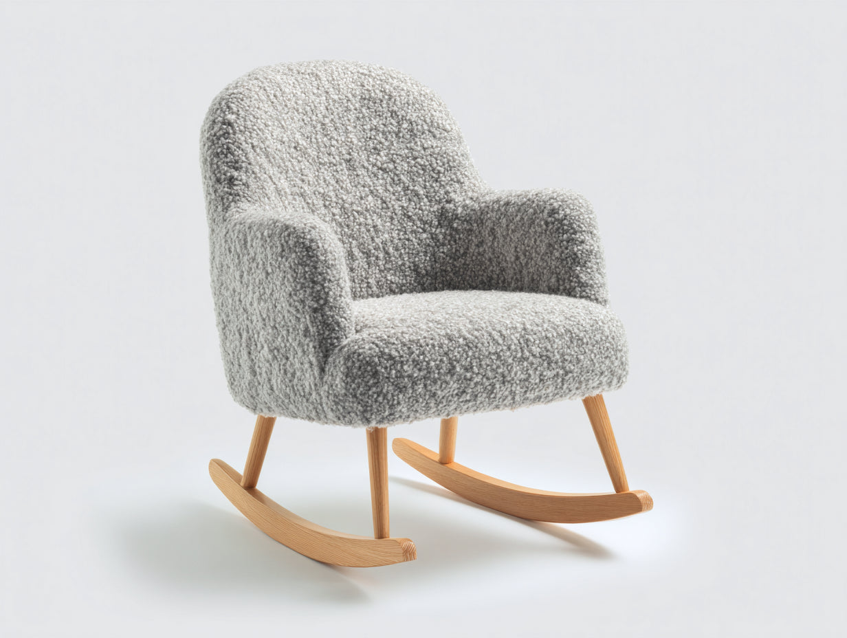 Mecedoras tapizada en tela bouclé 76x86x91 cm gris claro para salón con balancines de madera estilo nórdico