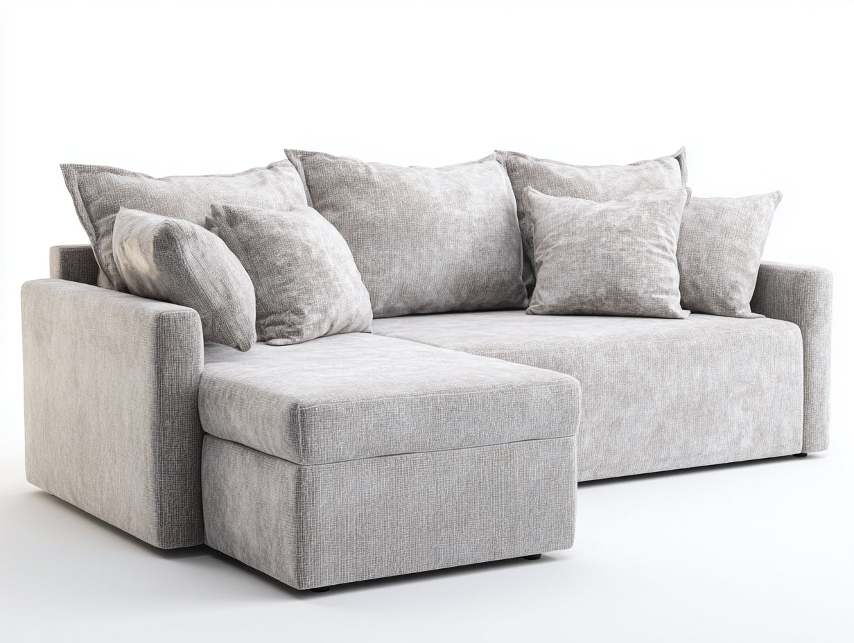 Sofás de esquina tapizado en tela 285x170x82 cm - gris claro - diseño moderno con chaise