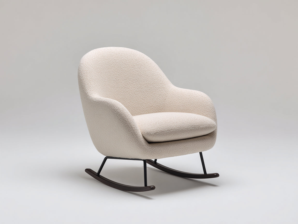 Mecedoras tapizada en tela bouclé 78x82x88 cm beige para salón con balancines de madera estilo moderno