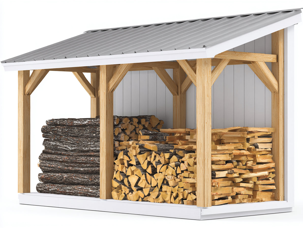 Leñero de exterior de madera 240x100x210 cm madera natural-blanco-gris con tejado inclinado estilo rústico