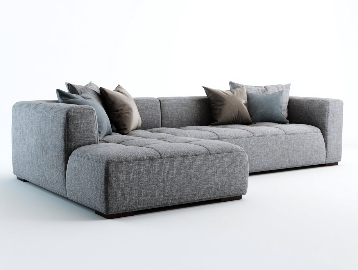 Sofás de esquina en L tapizados en tejido texturizado 305x190x78 cm gris para salón diseño contemporáneo